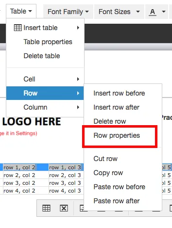 row properties option